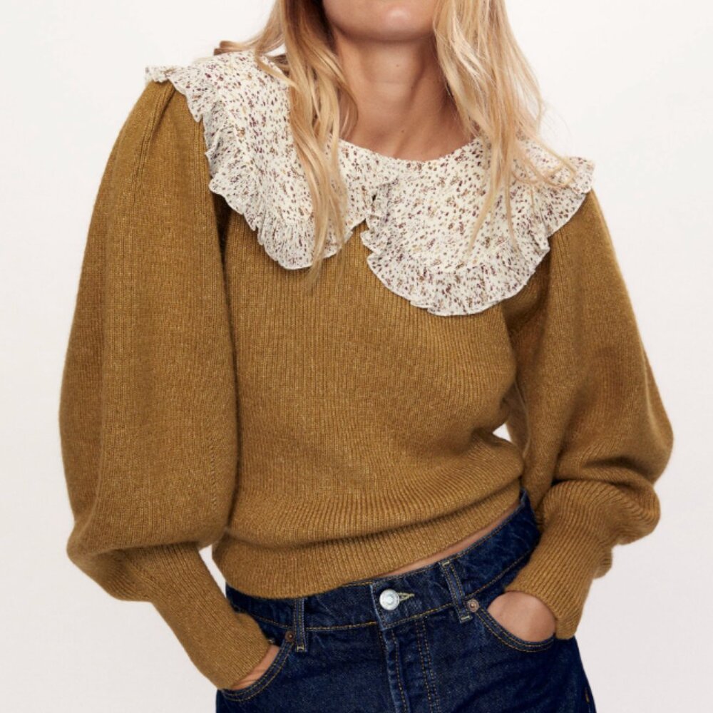 Women's Knit Peter Pan Collar Sweater Mustard Brown Wool Blend Size S